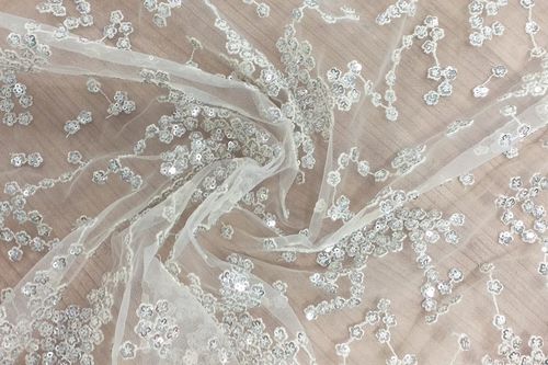Small flower embroidered tulle silver sequins